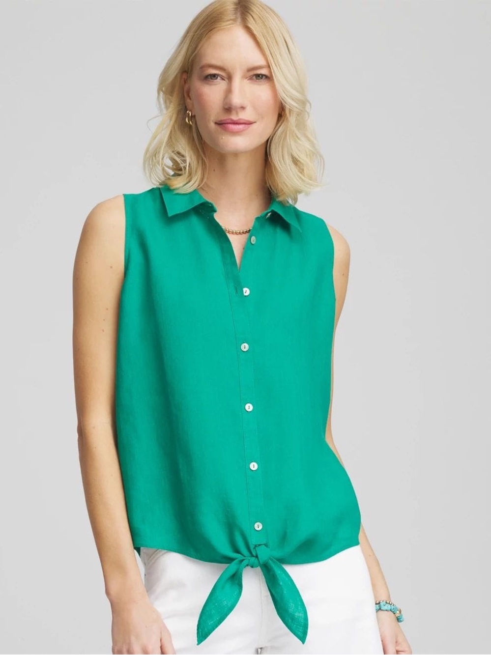 No Iron™ Linen Tie-Front Sleeveless Shirt in Eden Green